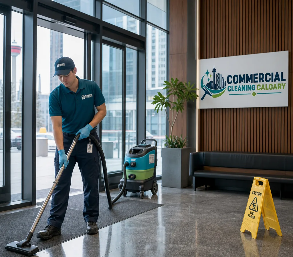 Uniformed commercial cleaner maintaining a modern Calgary office lobby