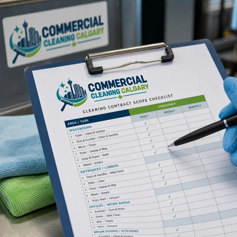 Cleaning contract scope checklist showing service areas and daily, weekly, and monthly frequencies