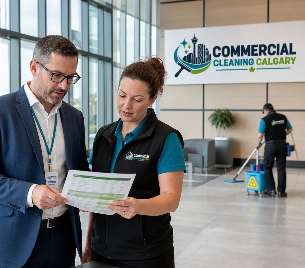 Commercial facility manager reviewing a cleaning contract scope and schedule with a cleaning supervisor in a Calgary office lobby