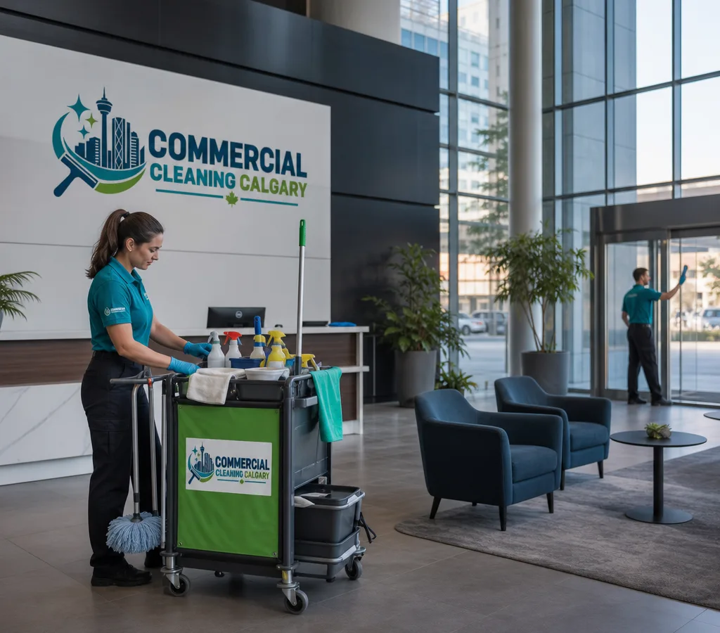 Early-morning cleaning team setting up a janitorial cart in a modern Calgary office lobby