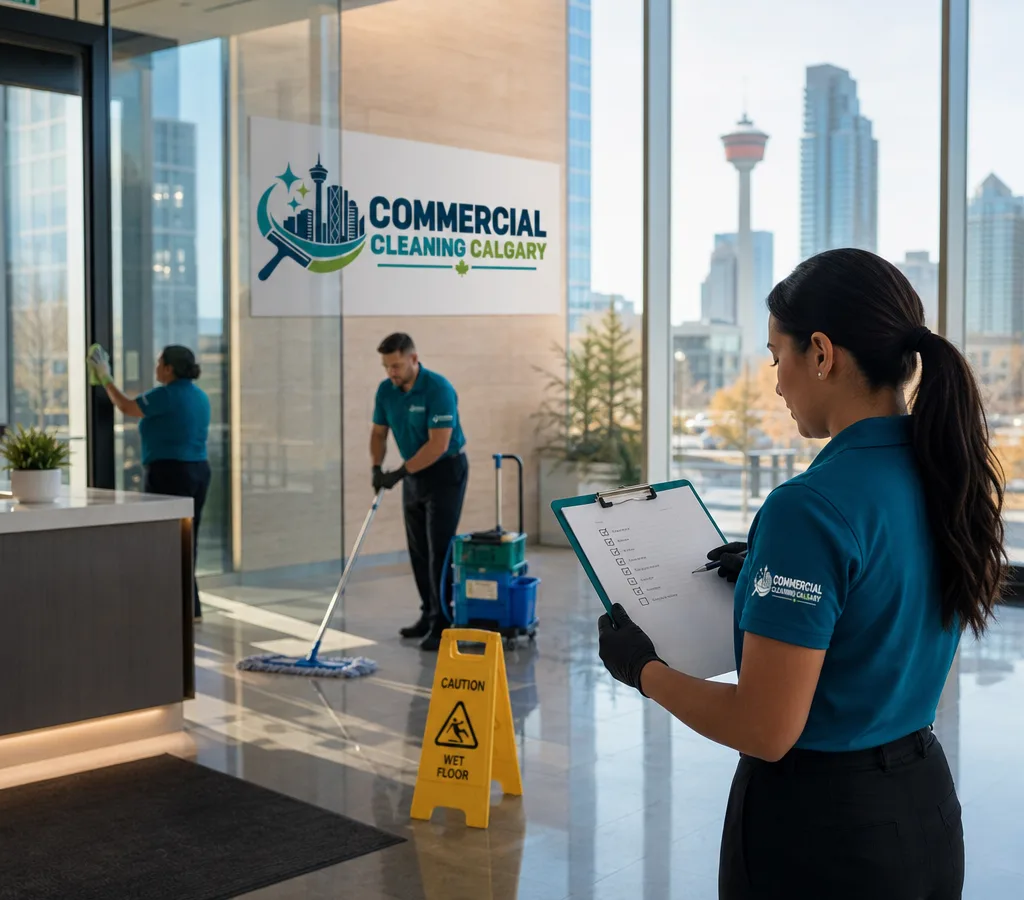 Early-morning janitorial team cleaning a modern Calgary office lobby with wet floor signage, microfiber tools, and a checklist