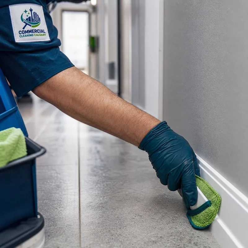 Technician edge-cleaning baseboards and hallway corners with microfiber tools