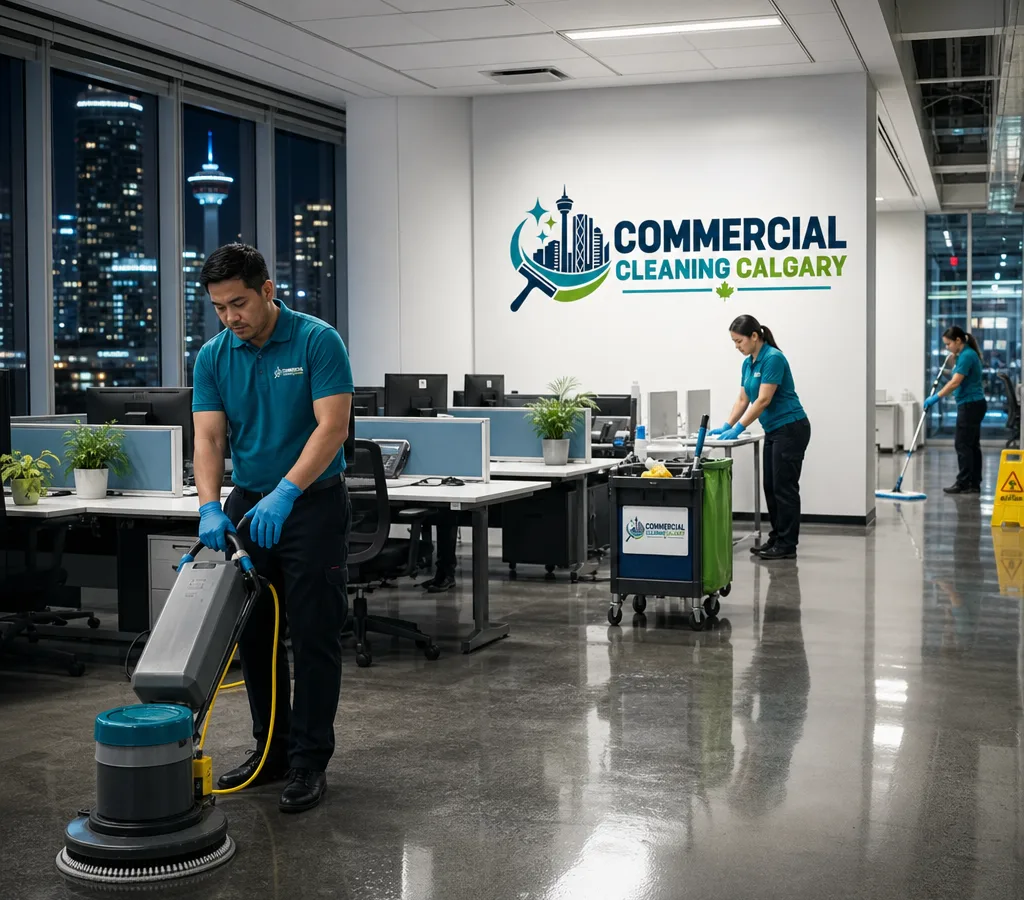 Professional cleaners working in a modern Calgary office after hours with floor-care equipment and neatly staged supplies