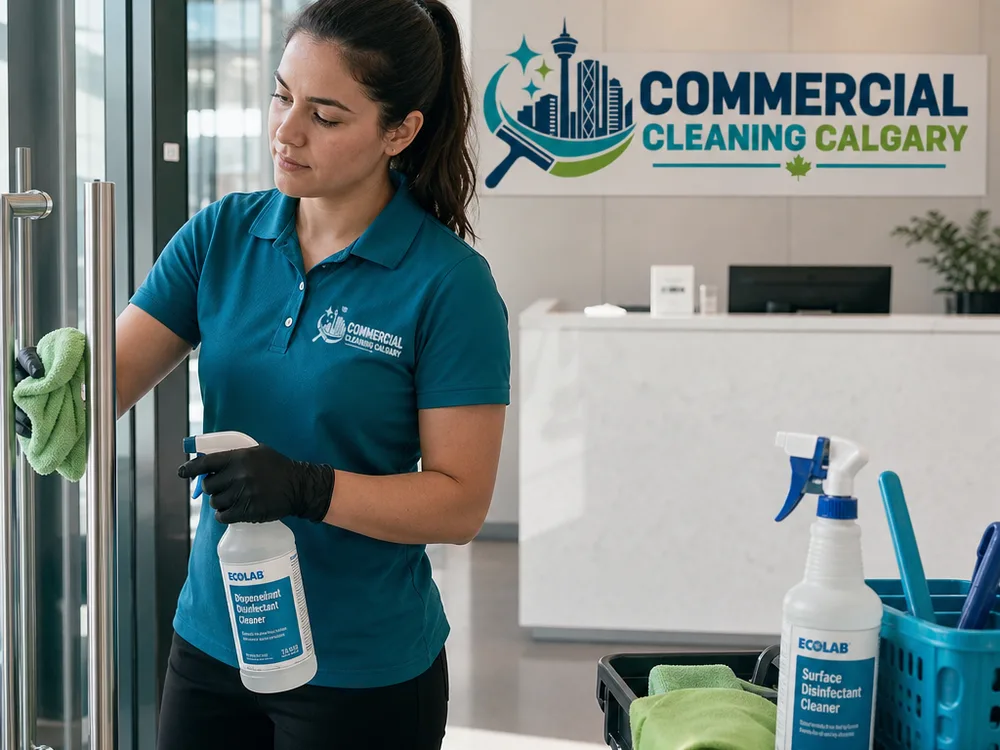 Professional cleaner disinfecting high-touch points in a commercial lobby using labeled products and microfiber cloths