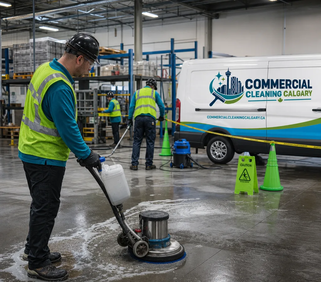 Industrial cleaning crew in PPE performing a controlled clean inside a Calgary warehouse with a contained work area