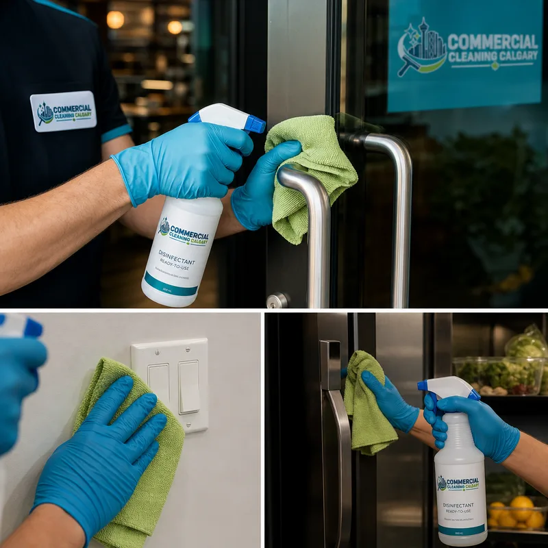 Restaurant door handles, light switches, and cooler handles being disinfected with labeled products and microfiber cloths