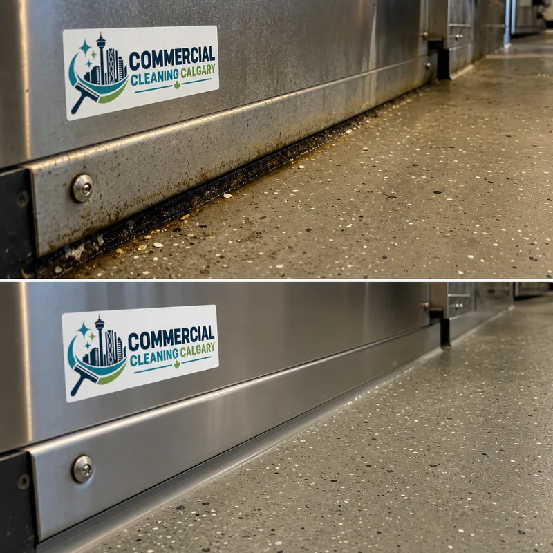 Cleaned commercial kitchen floor edge and baseboard near a cook line with grease film and debris removed