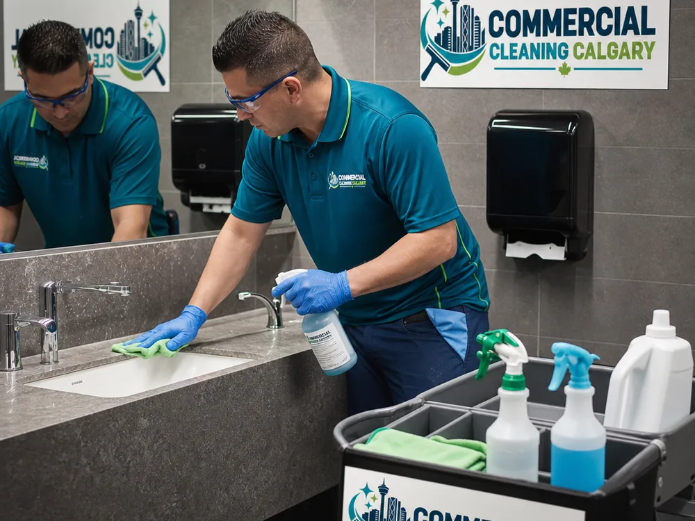 Cleaner in PPE disinfecting sinks, fixtures, and touchpoints in a restaurant washroom