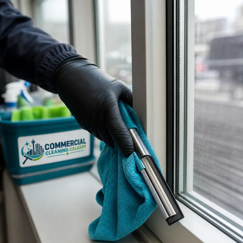 Close-up of a squeegee and microfiber cloth detailing an interior window corner and frame edge