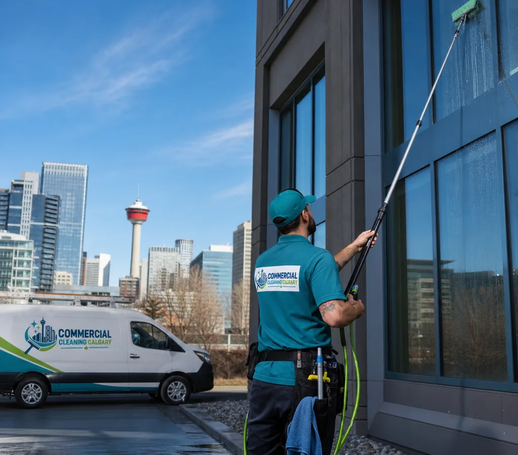 Technician cleaning the exterior windows of a mid-rise Calgary commercial building with a water-fed pole