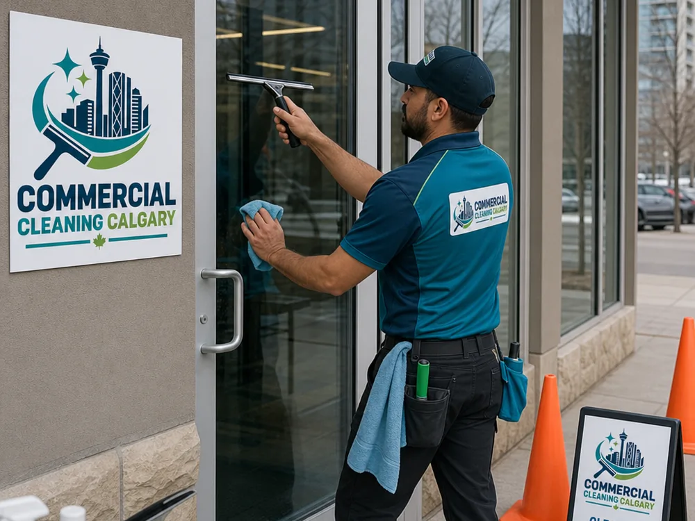 Technician cleaning interior storefront door glass and sidelites with safety cones managing pedestrian flow