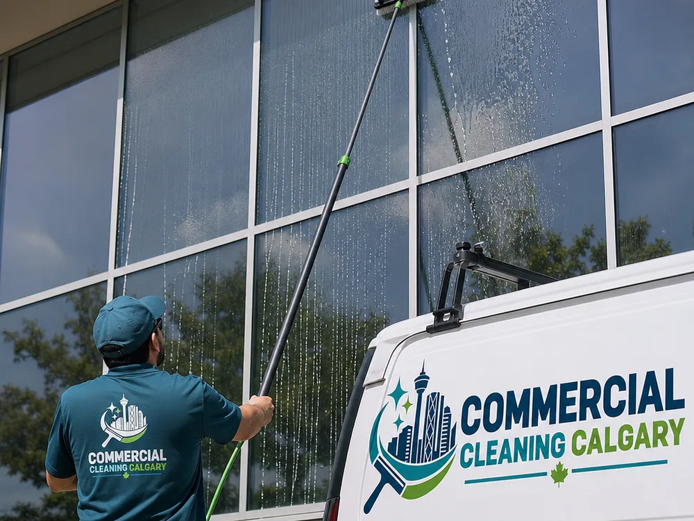 Exterior office windows cleaned with a water-fed pole using even wetting and rinse patterns