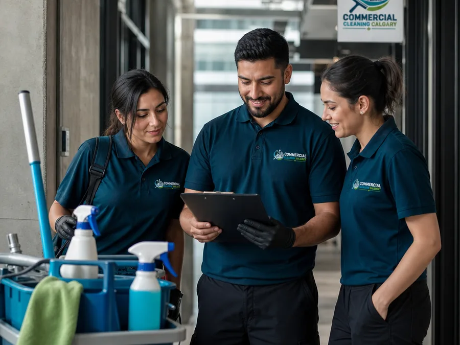 Commercial cleaning team reviewing a site checklist in a building corridor