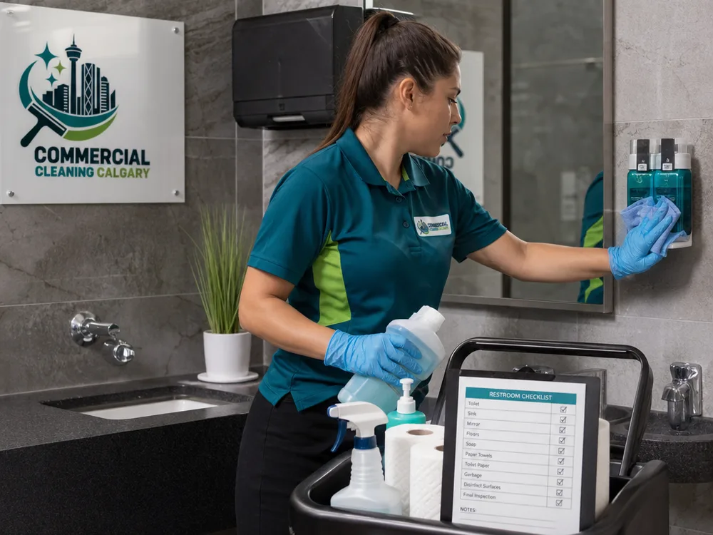 Cleaner restocking supplies and wiping high-touch surfaces in a commercial washroom